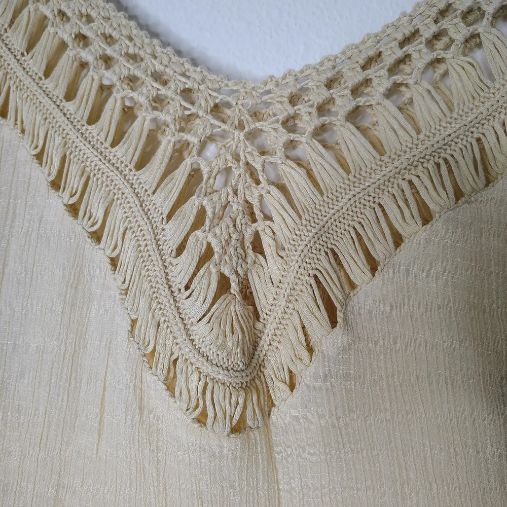 Boho Beige Crochet Mesh Midi Dress Cover Up S/M Solid Neutral Festival Beach - Picture 4 of 15